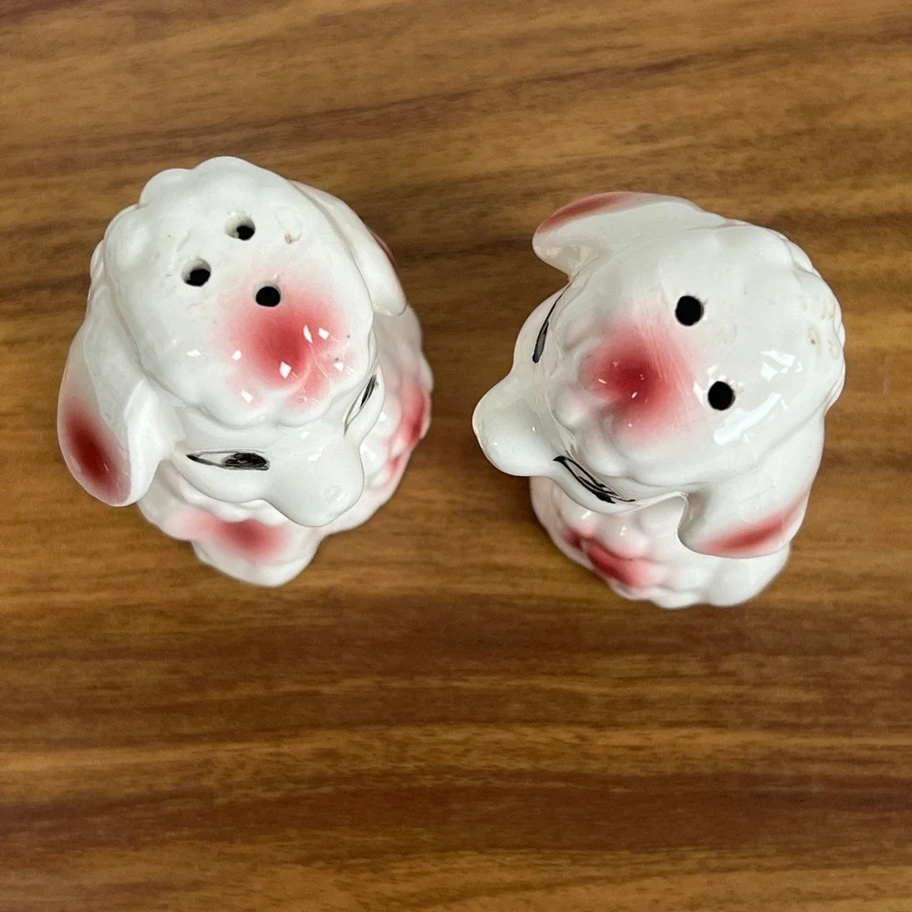 Vintage Japan Ceramic Lamb Salt and Pepper Shakers Pink White Kitsch Set
